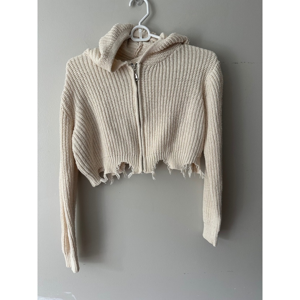 Romwe Womens Cream Ribbed Knit Cropped Zip Up Hoodie Distressed Hem Size M